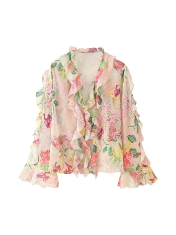 Bluza dama poliester cu imprimeu floral, decolteu în V, mâneci lungi, croială lejeră, detaliu decorativ în straturi