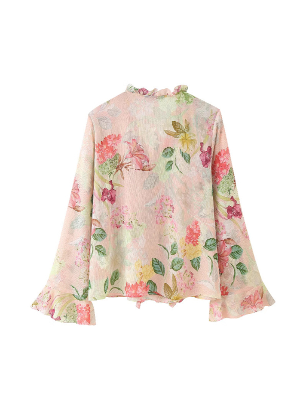 Bluza dama poliester cu imprimeu floral, decolteu în V, mâneci lungi, croială lejeră, detaliu decorativ în straturi