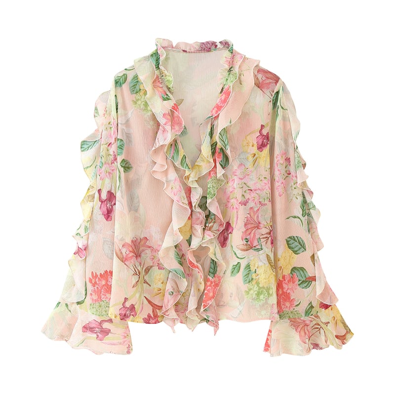 Bluza dama poliester cu imprimeu floral, decolteu în V, mâneci lungi, croială lejeră, detaliu decorativ în straturi