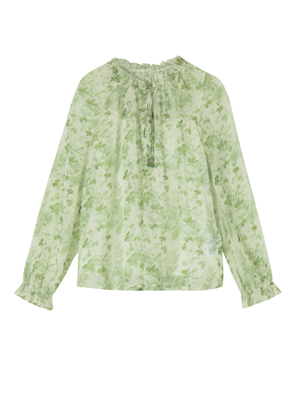 Floralni šifonski top, lagani, plisirani detalji, okrugli izrez, široka silueta, dugi rukavi, poliester