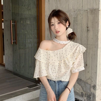 Ženska šifonska bluza s točkicama, off-shoulder, volani, halter, kratki rukavi, slobodan kroj