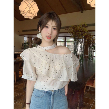 Ženska šifonska bluza s točkicama, off-shoulder, volani, halter, kratki rukavi, slobodan kroj