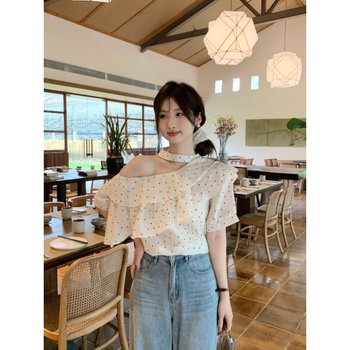 Ženska šifonska bluza s točkicama, off-shoulder, volani, halter, kratki rukavi, slobodan kroj
