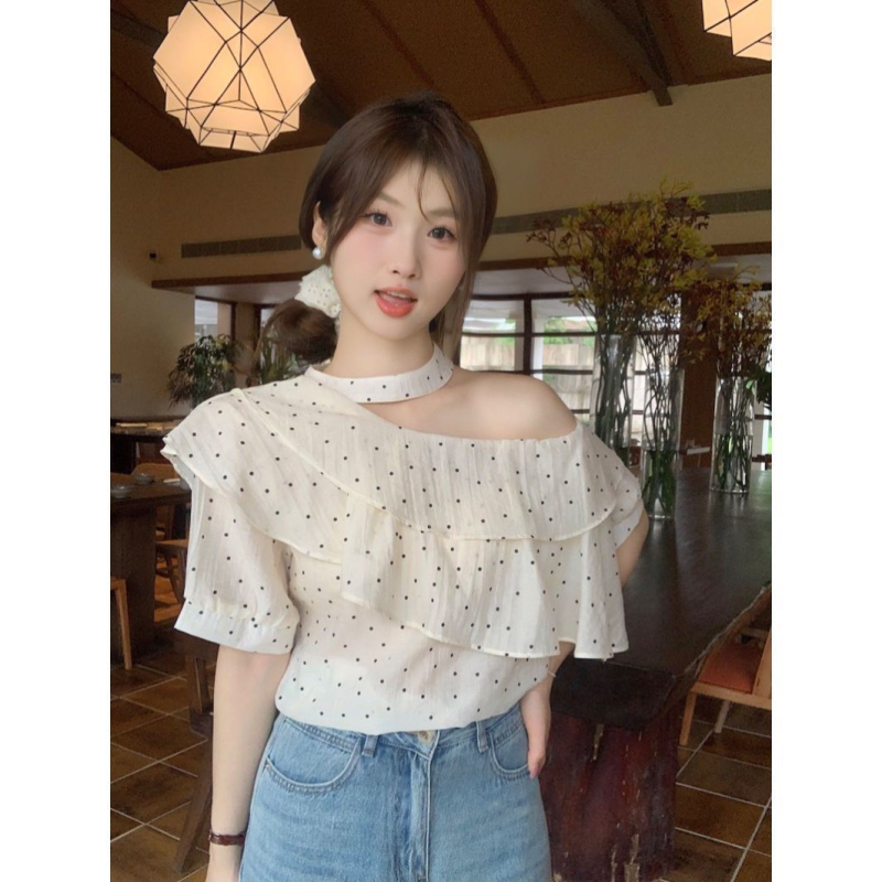 Ženska šifonska bluza s točkicama, off-shoulder, volani, halter, kratki rukavi, slobodan kroj