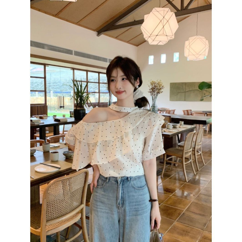 Ženska šifonska bluza s točkicama, off-shoulder, volani, halter, kratki rukavi, slobodan kroj