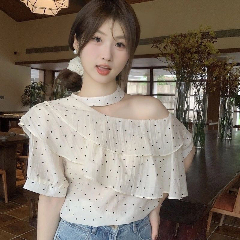 Ženska šifonska bluza s točkicama, off-shoulder, volani, halter, kratki rukavi, slobodan kroj
