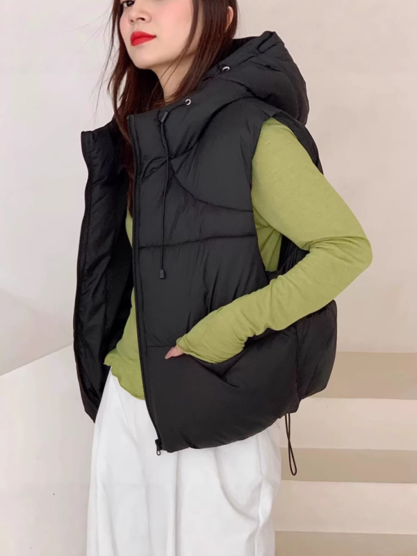 Мъжки корейски стил памучен жилет с качулка, пухено напълнен, дебел и топъл, свободен силует, полиестерна материя