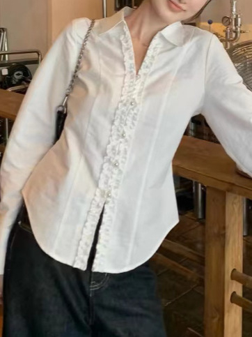 Chiffon anyagú ing V-nyakú, hosszú ujjú, szűk fazon, gombos elöl