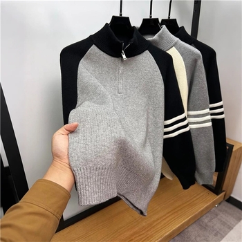 Мъжки плетен пуловер, свободен силует, дебел полиестерно-смесен трикотаж, кръгло деколте, дълги ръкави