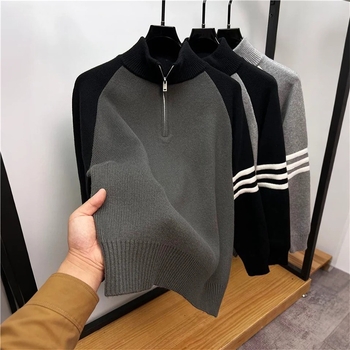 Мъжки плетен пуловер, свободен силует, дебел полиестерно-смесен трикотаж, кръгло деколте, дълги ръкави