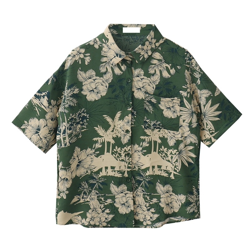 Hongkong-stílusú retro virágos nyomtatású rövidujjú ing, poliészter 95%+, polo gallér, laza szabás