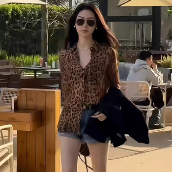 Női ing leopárd mintával, álló gallérral, hosszú ujjú, egyenes szabás, poliészter-spandex anyag, tavasz 2025