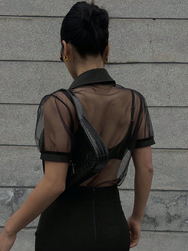 Hálós anyagú ing, 90–95% poliészter, polo gallér, hosszú ujjú, városi elegáns stílus.