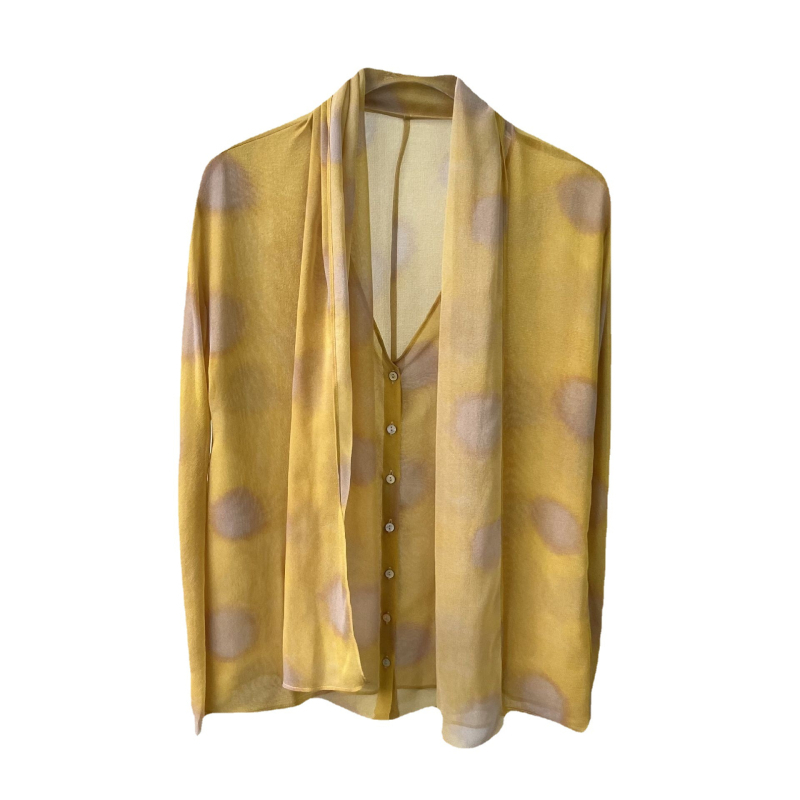 Mulberry selyem ing, ink-wash mintával, V-nyakú, hosszú ujjú, laza szabás