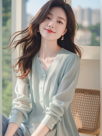 Női chiffon-ing V-nyakú, hosszú ujjú, közepes hosszúságú, városi/alap stílus