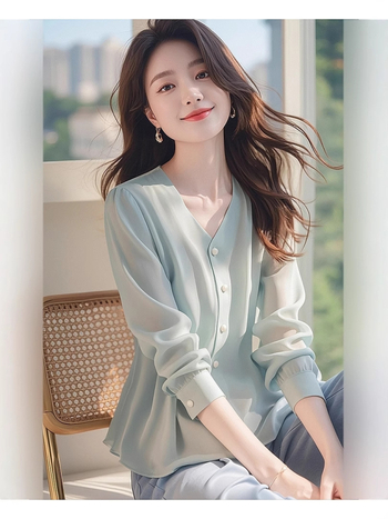 Női chiffon-ing V-nyakú, hosszú ujjú, közepes hosszúságú, városi/alap stílus