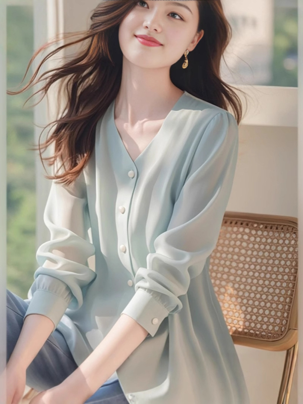 Női chiffon-ing V-nyakú, hosszú ujjú, közepes hosszúságú, városi/alap stílus