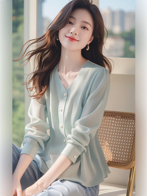 Női chiffon-ing V-nyakú, hosszú ujjú, közepes hosszúságú, városi/alap stílus