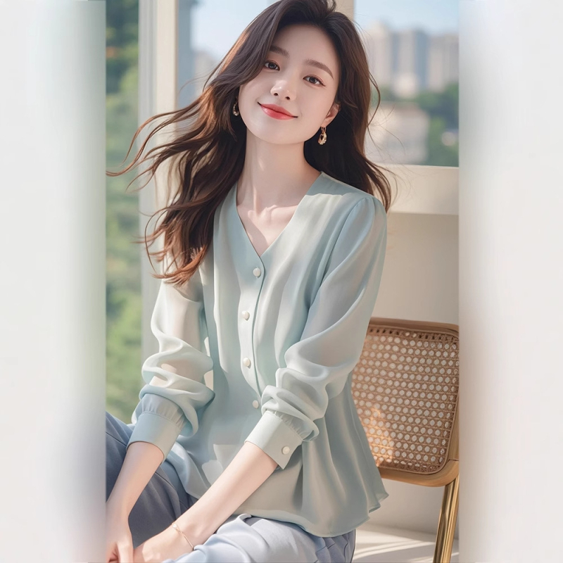 Női chiffon-ing V-nyakú, hosszú ujjú, közepes hosszúságú, városi/alap stílus