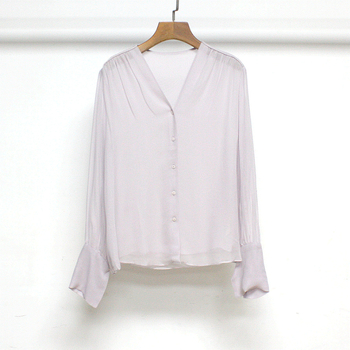 Mulberry selyem georgette dupla rétegű ing, V-nyakú, hosszú ujjú