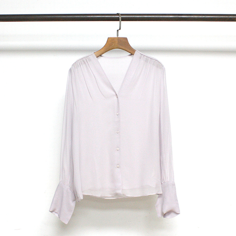 Mulberry selyem georgette dupla rétegű ing, V-nyakú, hosszú ujjú