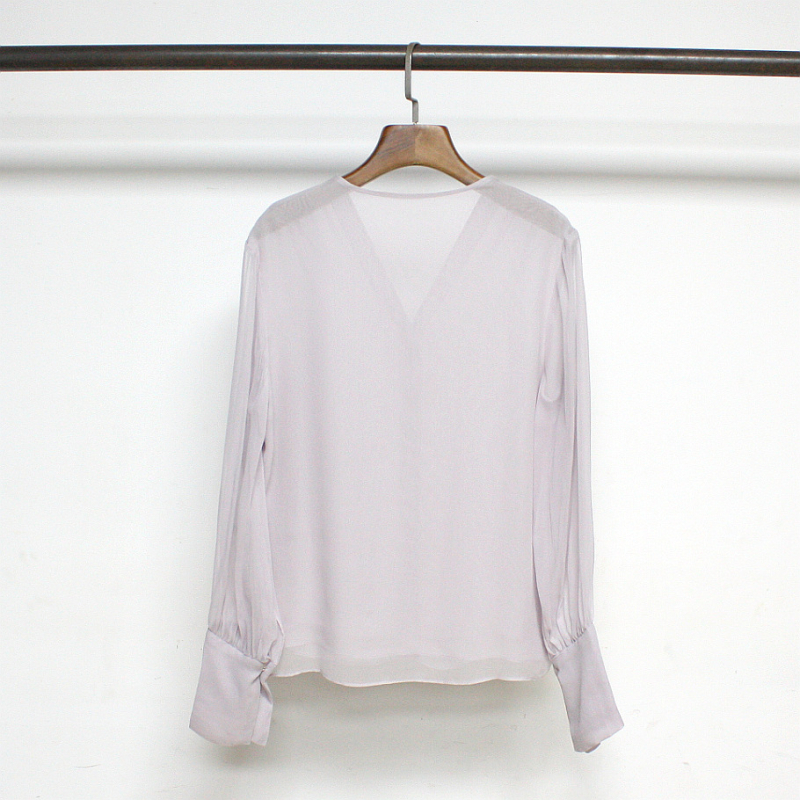 Mulberry selyem georgette dupla rétegű ing, V-nyakú, hosszú ujjú