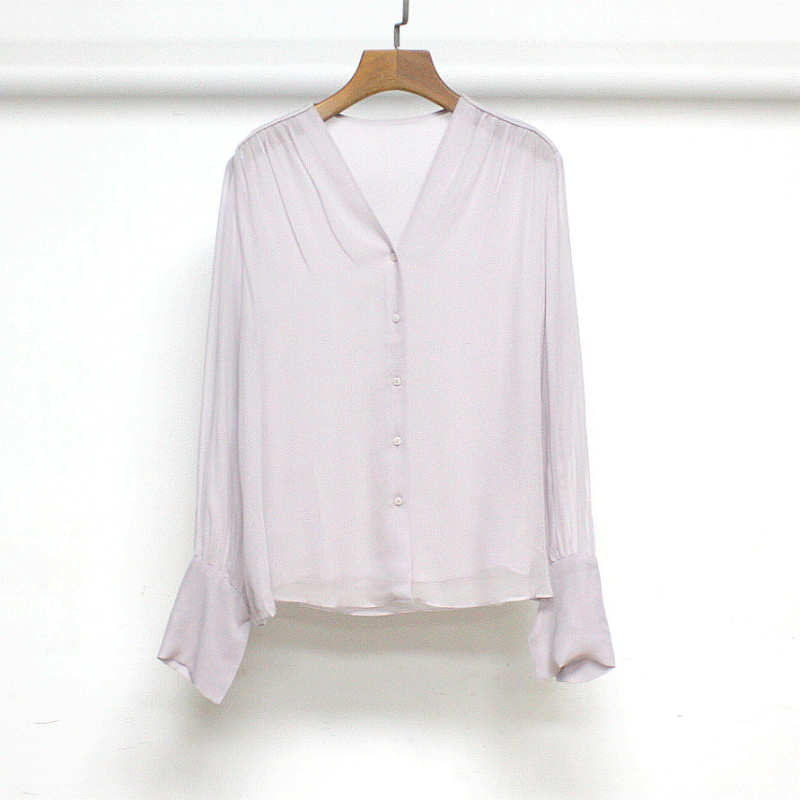 Mulberry selyem georgette dupla rétegű ing, V-nyakú, hosszú ujjú