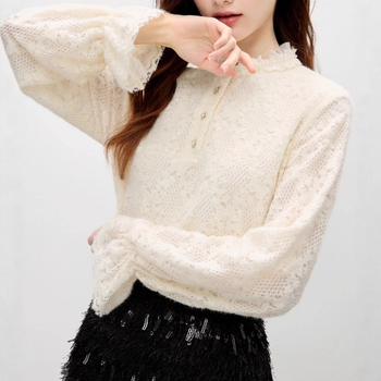 Női chiffon ing hosszú ujjú – U-formájú gallér, egyszínű, Spandex 30–50% arányban, egyenes szabás