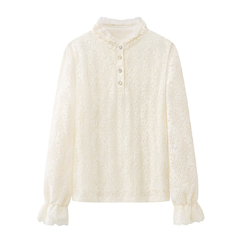 Női chiffon ing hosszú ujjú – U-formájú gallér, egyszínű, Spandex 30–50% arányban, egyenes szabás