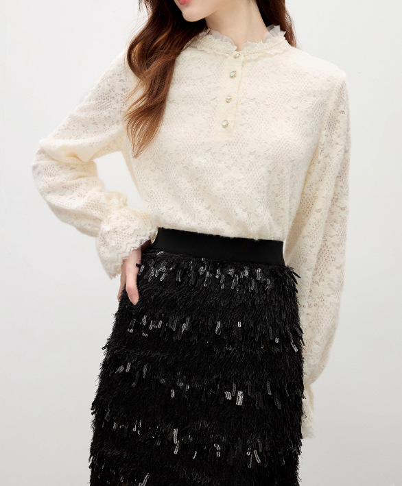 Női chiffon ing hosszú ujjú – U-formájú gallér, egyszínű, Spandex 30–50% arányban, egyenes szabás