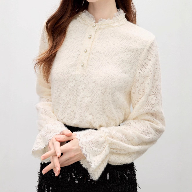 Női chiffon ing hosszú ujjú – U-formájú gallér, egyszínű, Spandex 30–50% arányban, egyenes szabás