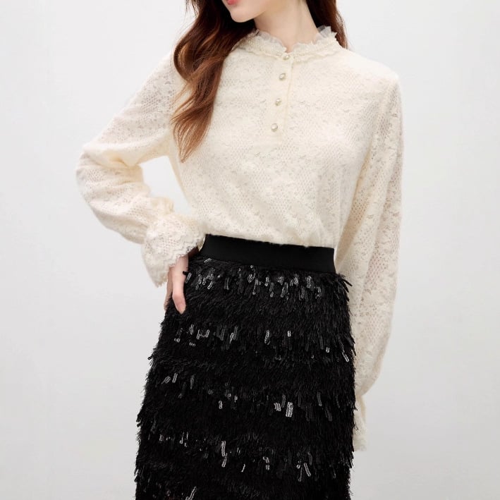 Női chiffon ing hosszú ujjú – U-formájú gallér, egyszínű, Spandex 30–50% arányban, egyenes szabás