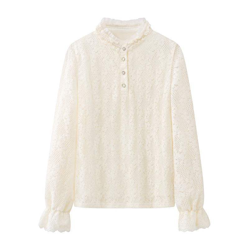 Női chiffon ing hosszú ujjú – U-formájú gallér, egyszínű, Spandex 30–50% arányban, egyenes szabás