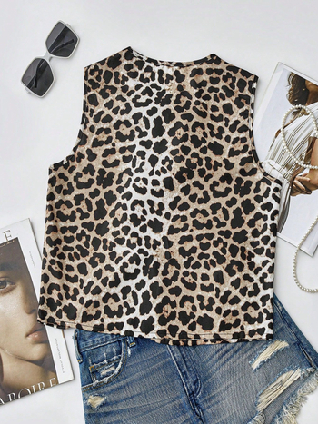 Ujjatlan blúz leopárd mintával és hátsó kötővel, chiffon textúra, szabályos hossz, testhez igazodó fazon