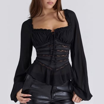 Blúz poliészterből, négyszögletes nyak, hosszú ujjú, szűk fazon