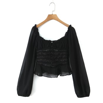 Blúz poliészterből, négyszögletes nyak, hosszú ujjú, szűk fazon