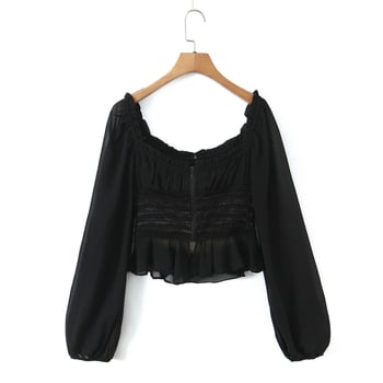 Blúz poliészterből, négyszögletes nyak, hosszú ujjú, szűk fazon