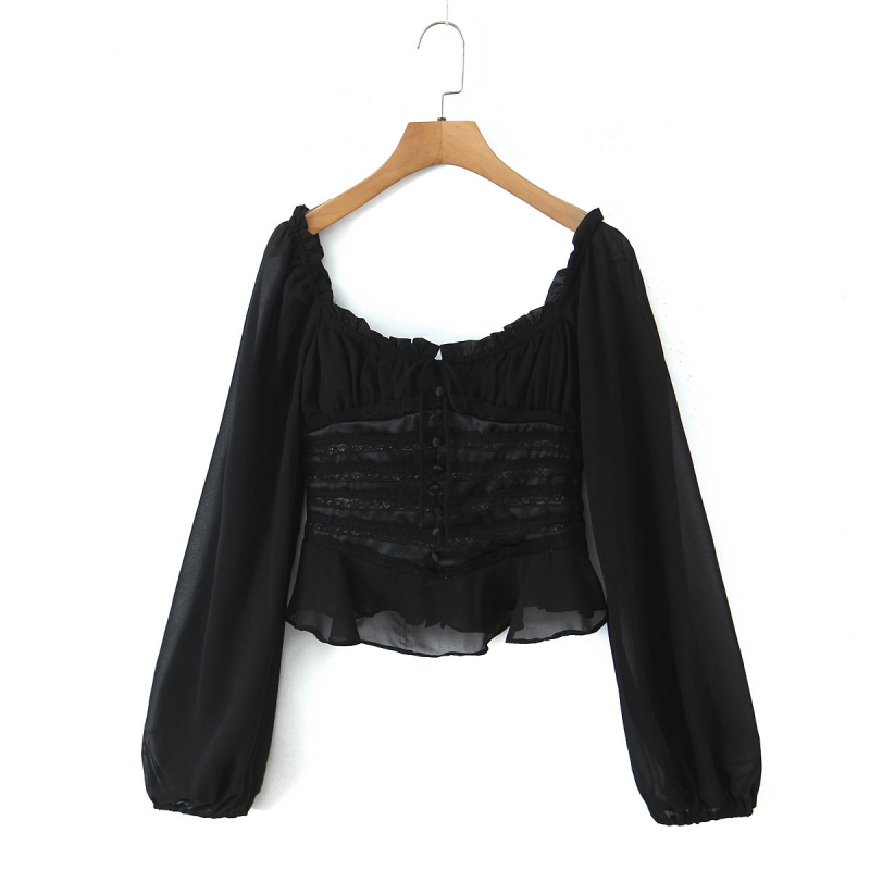 Blúz poliészterből, négyszögletes nyak, hosszú ujjú, szűk fazon