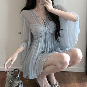 Női Chenille anyagú spandex keverék blúz, V-nyakú, hercegnő ujju, fűzős dizájn, pulóver — 2025 tavasz