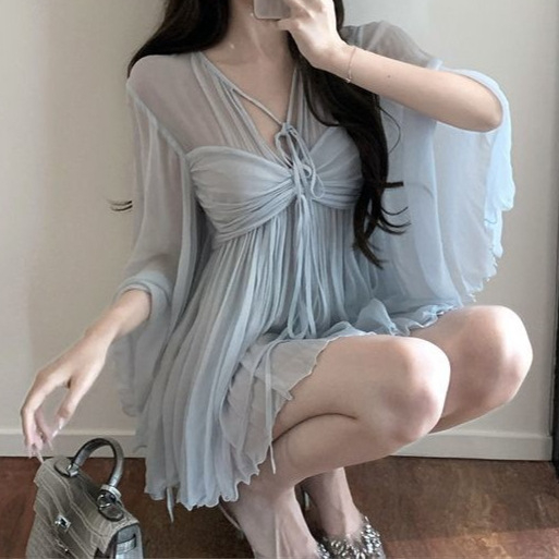 Női Chenille anyagú spandex keverék blúz, V-nyakú, hercegnő ujju, fűzős dizájn, pulóver — 2025 tavasz