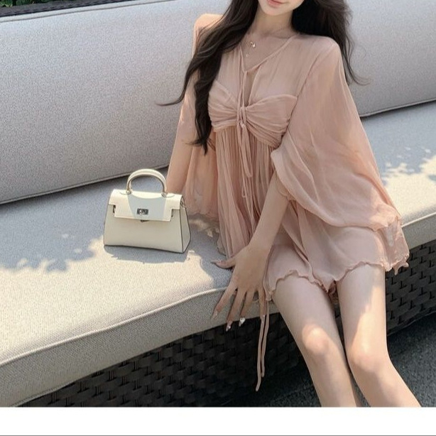 Női Chenille anyagú spandex keverék blúz, V-nyakú, hercegnő ujju, fűzős dizájn, pulóver — 2025 tavasz