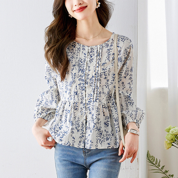 Šifon majica s cvjetnim uzorkom, rukav 3/4, casual japansko-korejski stil, duljina 50–65 cm, poliester