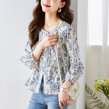 Šifon majica s cvjetnim uzorkom, rukav 3/4, casual japansko-korejski stil, duljina 50–65 cm, poliester