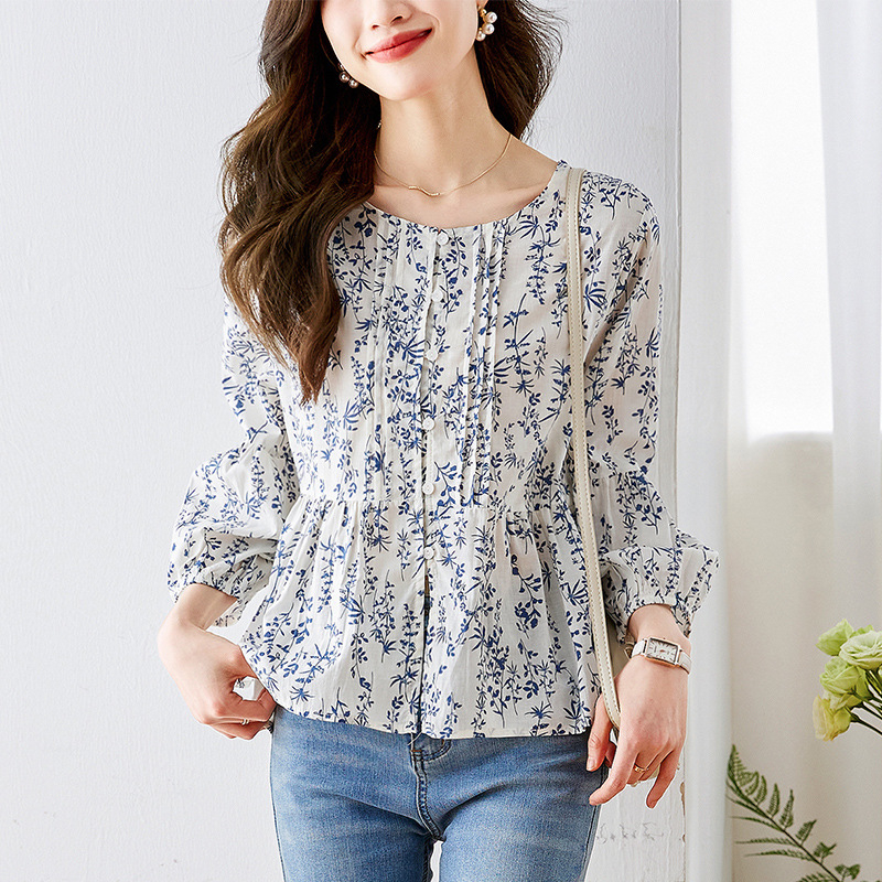 Šifon majica s cvjetnim uzorkom, rukav 3/4, casual japansko-korejski stil, duljina 50–65 cm, poliester