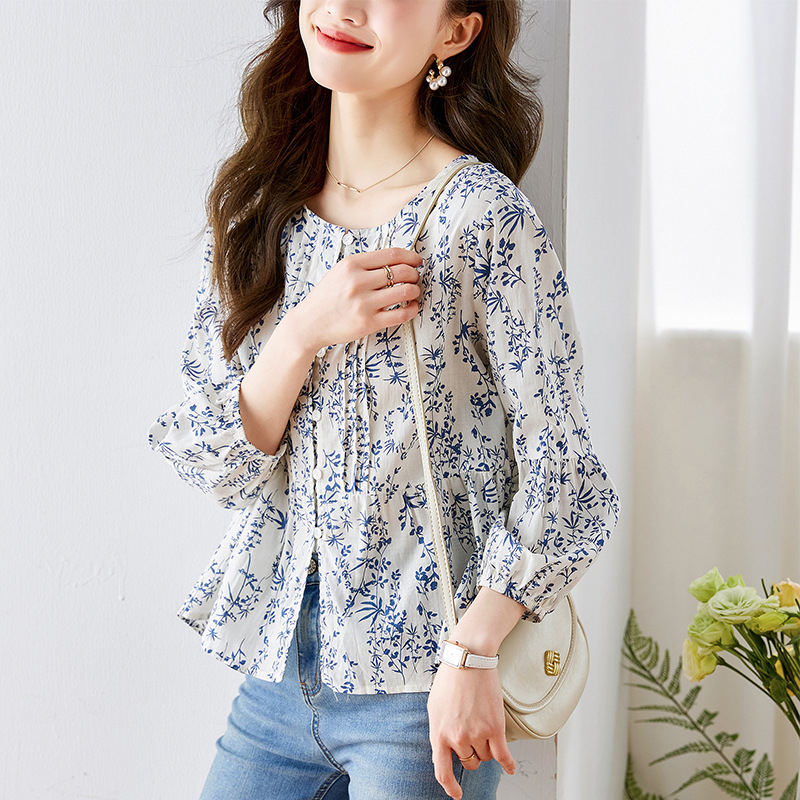 Šifon majica s cvjetnim uzorkom, rukav 3/4, casual japansko-korejski stil, duljina 50–65 cm, poliester