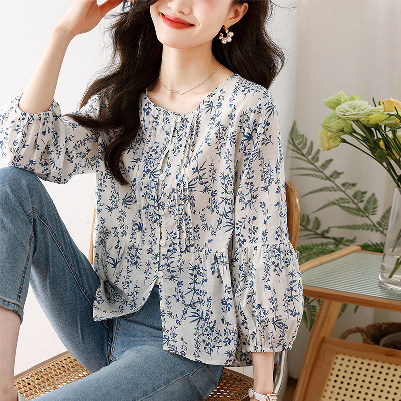 Šifon majica s cvjetnim uzorkom, rukav 3/4, casual japansko-korejski stil, duljina 50–65 cm, poliester