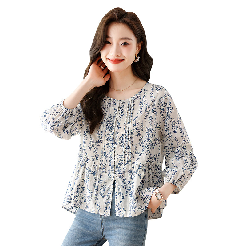Šifon majica s cvjetnim uzorkom, rukav 3/4, casual japansko-korejski stil, duljina 50–65 cm, poliester
