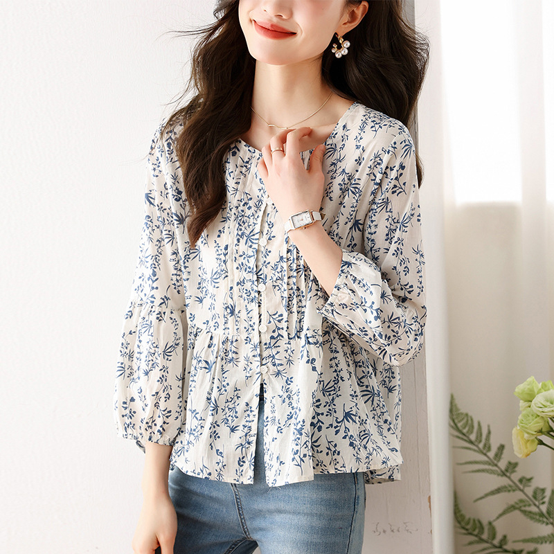 Šifon majica s cvjetnim uzorkom, rukav 3/4, casual japansko-korejski stil, duljina 50–65 cm, poliester