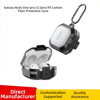 Samsung Buds Core, Buds Live, Buds Pro, Buds 2 Pro és Buds 2-hoz védőtok — átlátszó szénszálas mintázat, PC/TPU anyag, domborított textúra, injektálással öntés, permetezés