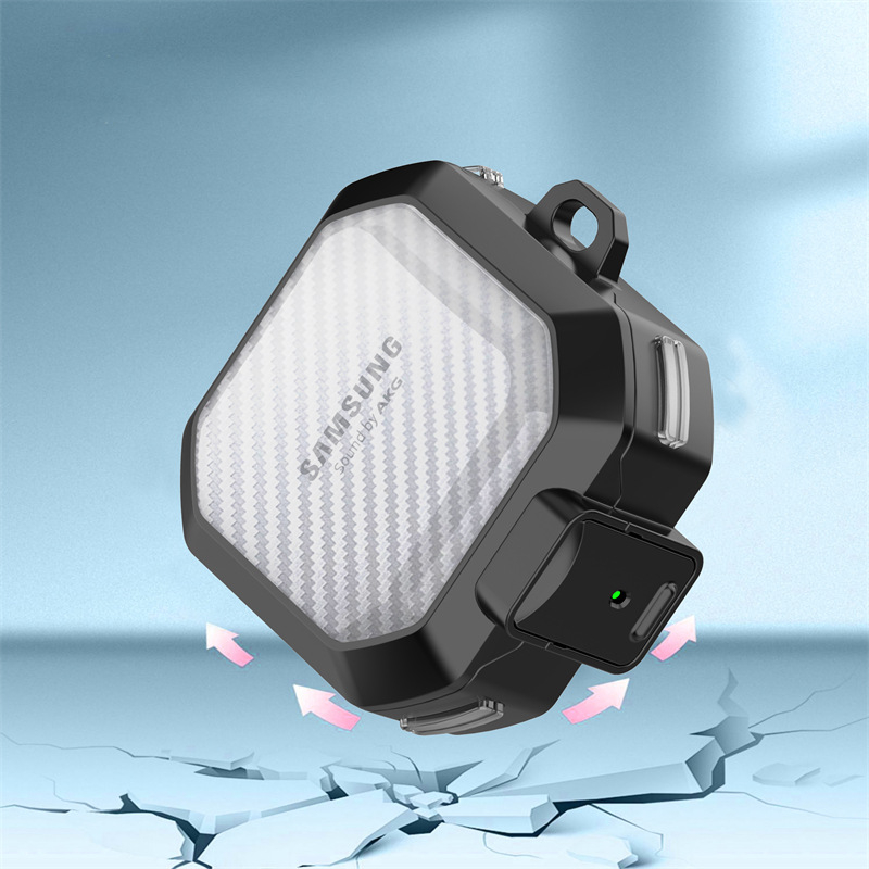 Samsung Buds Core, Buds Live, Buds Pro, Buds 2 Pro és Buds 2-hoz védőtok — átlátszó szénszálas mintázat, PC/TPU anyag, domborított textúra, injektálással öntés, permetezés